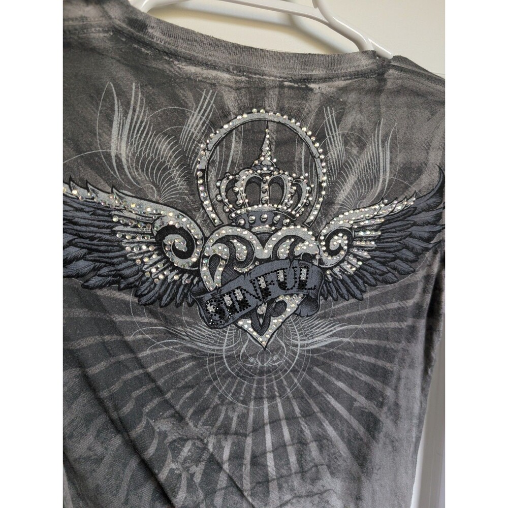 SINFUL AFFLICTION Y2K 00s Wing Bling Long Sleeve Shirt Layered Crest Biker - Picture 8 of 9